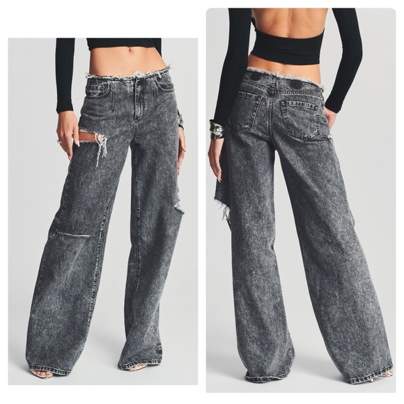 SER.O.YA Denim - Ser.o.ya Aston Wide Leg Low Rise Jeans Distressed Ripped In Smoke Black Size 30